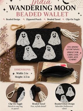 Wandering Moon Beaded Wallet - Black with White Ghosts